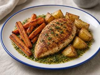 Poulet poêlé et légumes rôtis